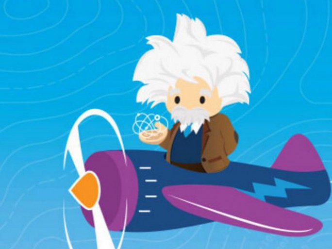 Karikatur von Albert Einstein reitet auf einem stilisierten, blauen Flugzeug mit dem Salesforce-Blitzlogo, welches durch den Himmel gleitet, als Metapher für die innovative und dynamische KI-Technologie von Salesforce Einstein.