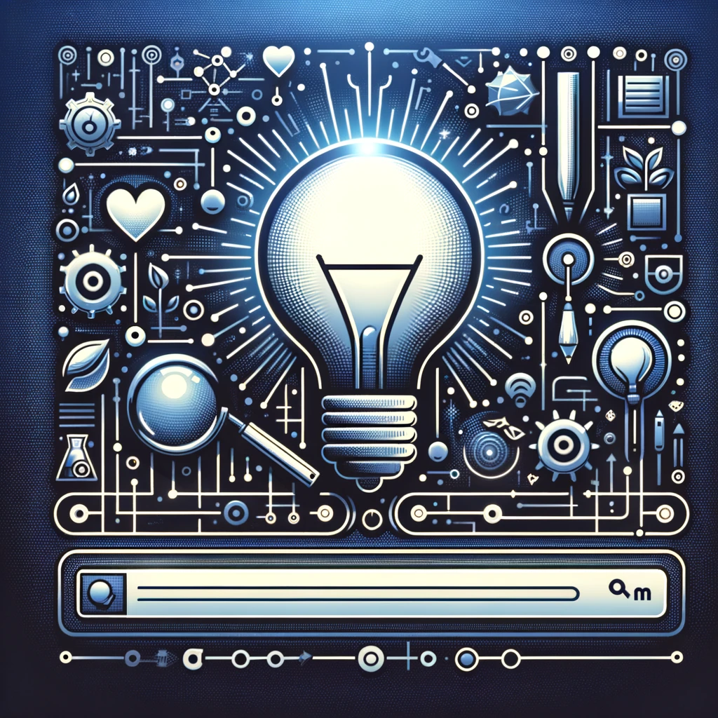 Digitale Illustration, die das Konzept eines KI-gestützten Namensgenerators wie Namelix für Unternehmen darstellt, mit einer Glühbirne als Symbol für Ideen, einer Lupe für die Suche, einem Herz für Favoriten und einem Hintergrund mit Schaltkreismustern, alles in Blau- und Lilatönen.