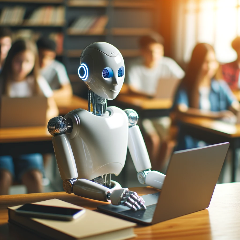 Ein Roboter sitzt an einem Tisch in einem Klassenzimmer und bedient einen Laptop, was die Zukunft der künstlichen Intelligenz und der Lernstilanalyse in der Bildung symbolisiert. Im Hintergrund sind verschwommen Schüler zu sehen, die an Computern arbeiten, umgeben von warmem Licht, das eine positive Integration von Technologie und Lernen suggeriert.