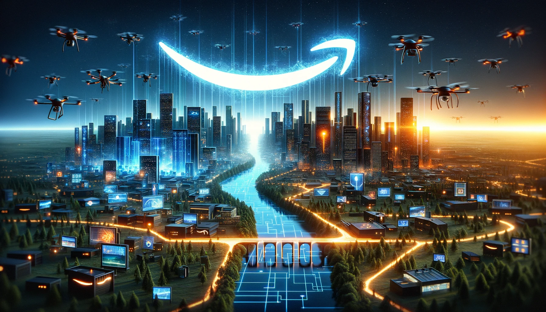 Das Bild visualisiert Amazons Investition in Anthropic als zwei einzigartige, jedoch miteinander verbundene Welten. Es zeigt eine futuristische Amazon-Stadt, die in das Reich von Anthropic übergeht, ein Symbol für die gemeinsame Anstrengung, die Grenzen der künstlichen Intelligenz zu erweitern. 