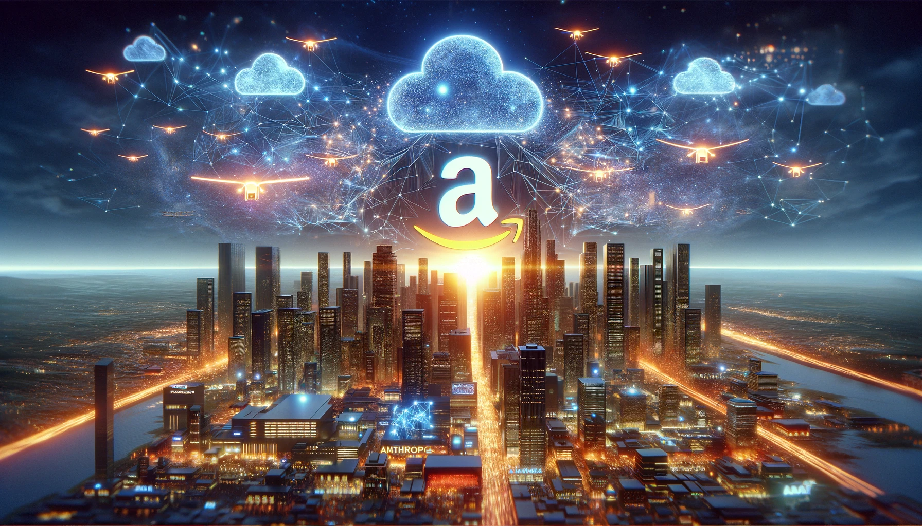 Diese Illustration symbolisiert Amazons Investition in Anthropic, indem sie eine futuristische Stadtlandschaft darstellt, in der die Logos von Amazon und Anthropic harmonisch in die Skyline integriert sind.