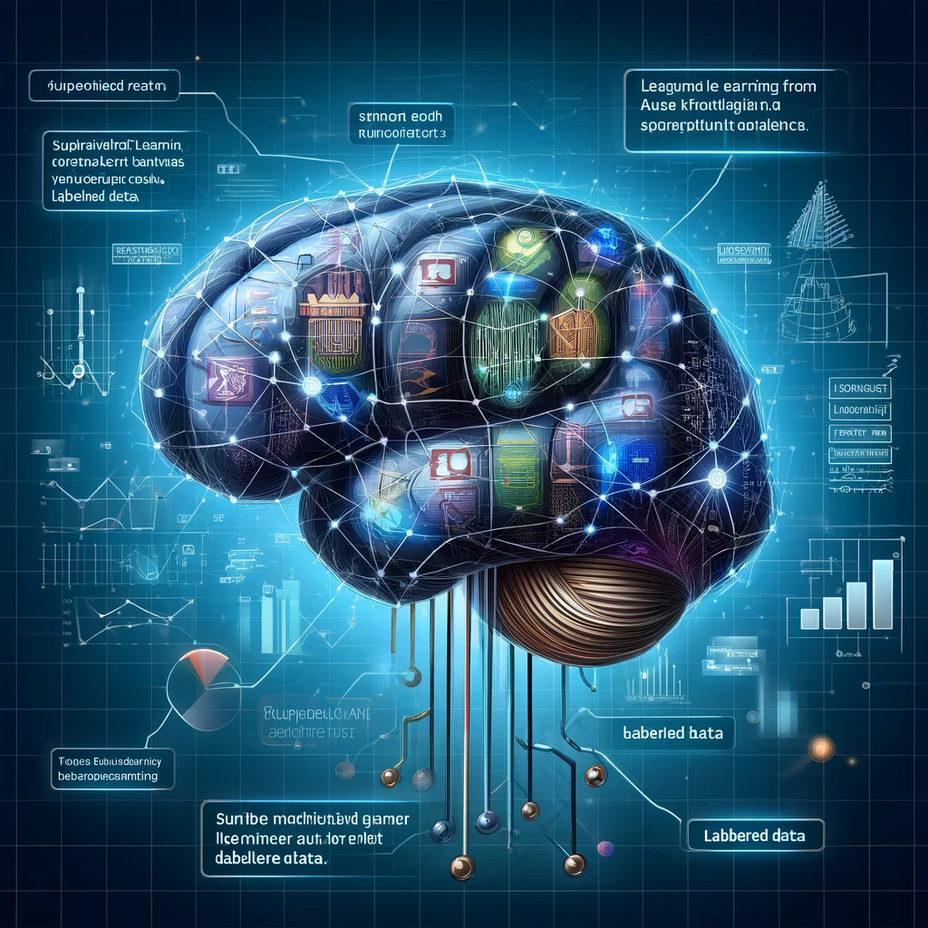 Stilisiertes digitales Gehirn mit Datenpunkten, symbolisiert maschinelles Lernen und Datenanalyse für Supervised Learning