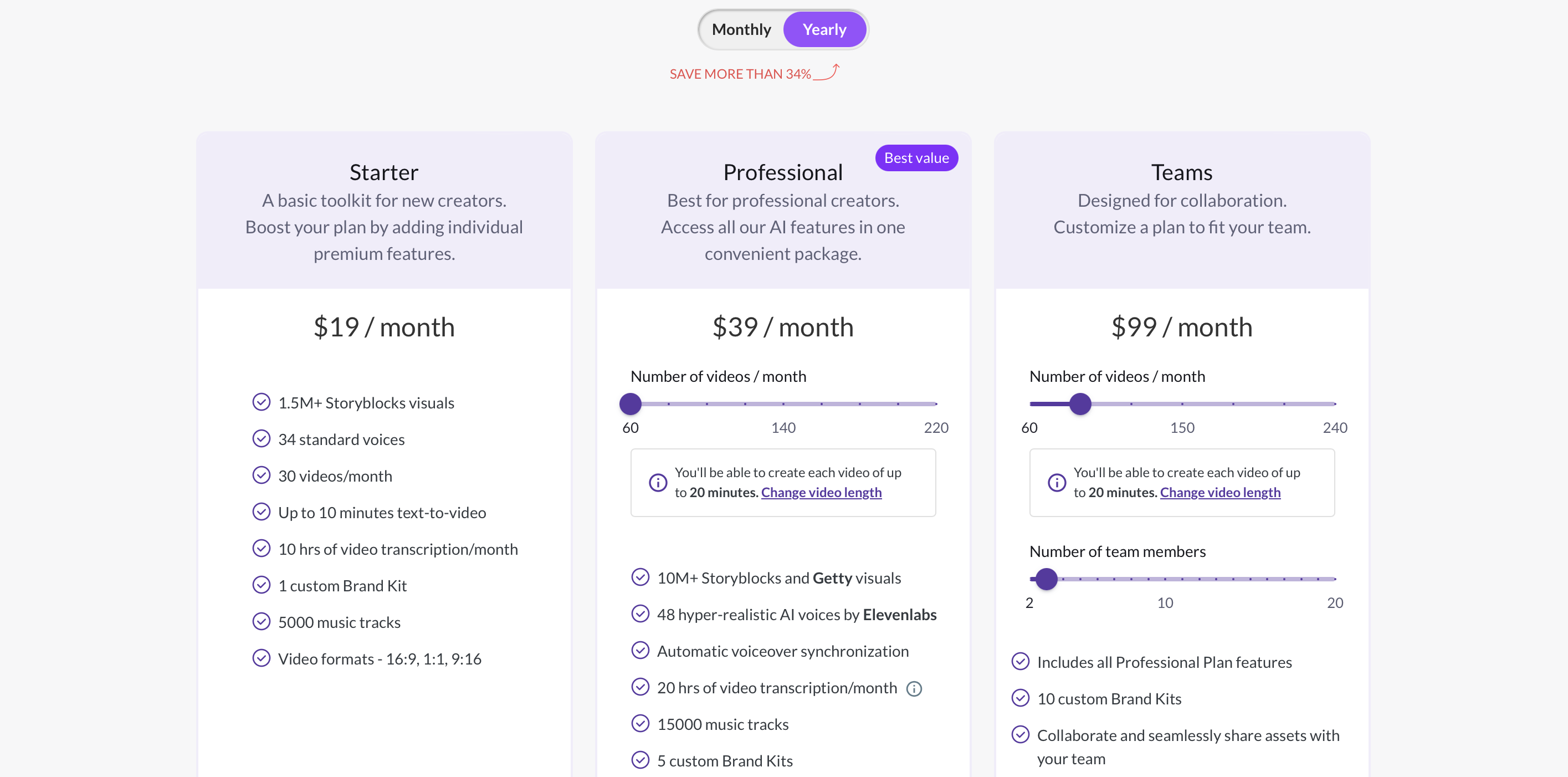 Preisübersicht für Pictory, das drei Abonnementoptionen anbietet. 'Starter' für $19 pro Monat mit Grundfunktionen wie 1,5+ Millionen Storyblocks-Visuals, 34 Standardstimmen und 30 Videos pro Monat. 'Professional' für $39 pro Monat, hervorgehoben als bester Wert, umfasst erweiterte Funktionen wie 10+ Millionen Storyblocks und Getty Visuals, 48 hyperrealistische KI-Stimmen und die Erstellung von bis zu 140 Videos pro Monat. 'Teams' für $99 pro Monat ist für Kollaboration konzipiert und bietet alle Professional-Plan-Funktionen plus 10 benutzerdefinierte Brand Kits und die Möglichkeit zur Teamarbeit an bis zu 150 Videos pro Monat. Jedes Paket bietet eine Reihe von Videos pro Monat, Text-zu-Video-Minuten, Transkriptionsstunden, Musiktracks und Brand Kits, jeweils an die Bedürfnisse unterschiedlicher Nutzergruppen angepasst.