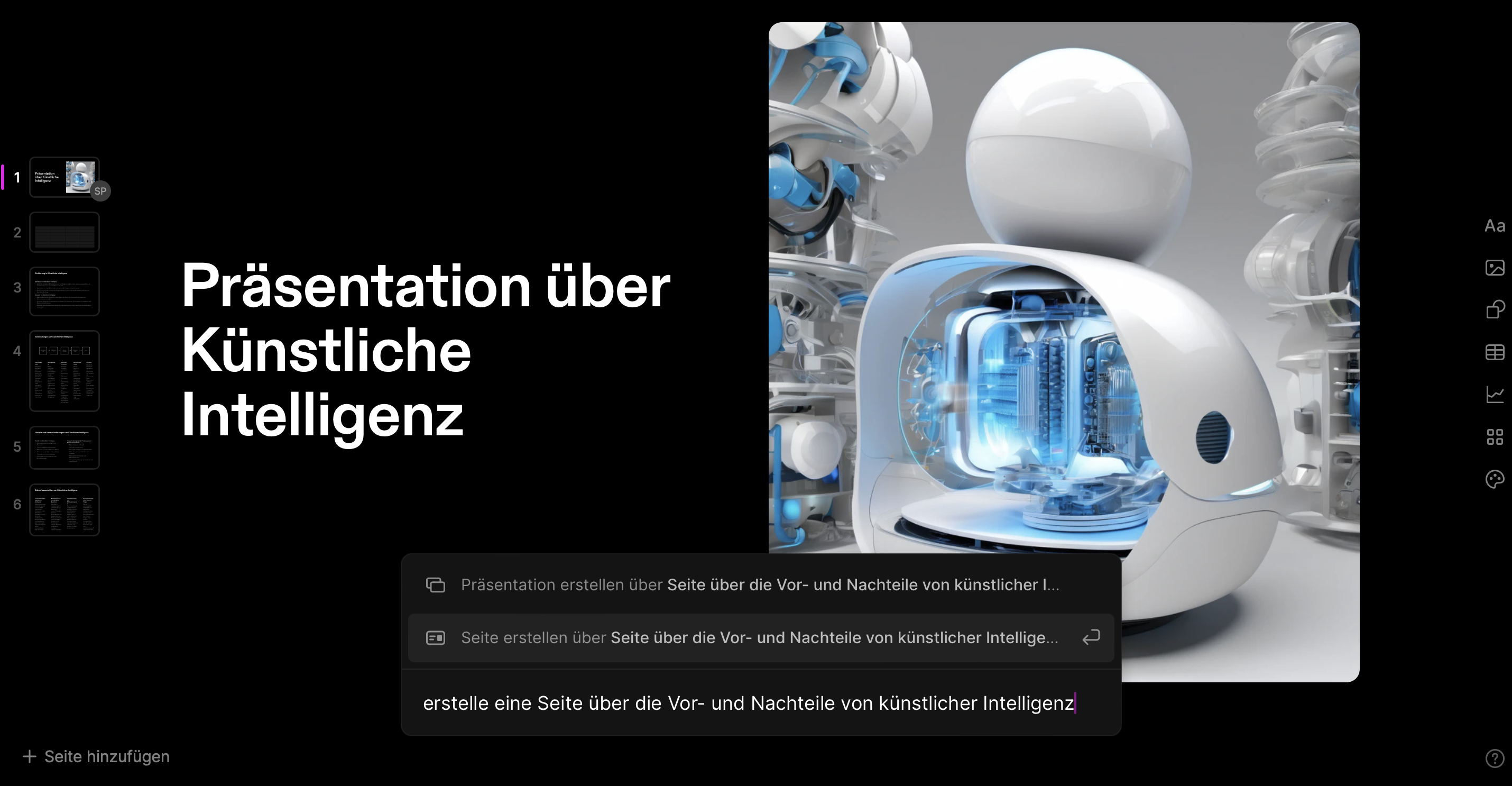 Tome Präsentationsslide mit futuristischem Roboterdesign, das Künstliche Intelligenz symbolisiert, neben dem Text 'Präsentation über Künstliche Intelligenz'.