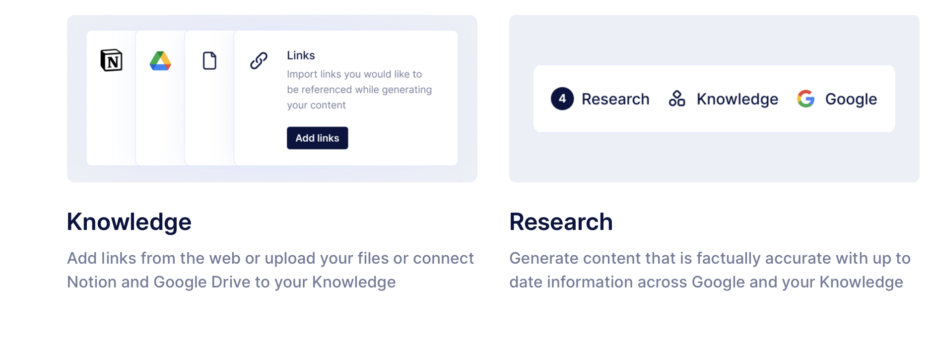 Cohesive AI Wissensbereich zum Hinzufügen von Web-Links und Dateien für fundierte Inhaltsrecherche und Content-Erstellung.