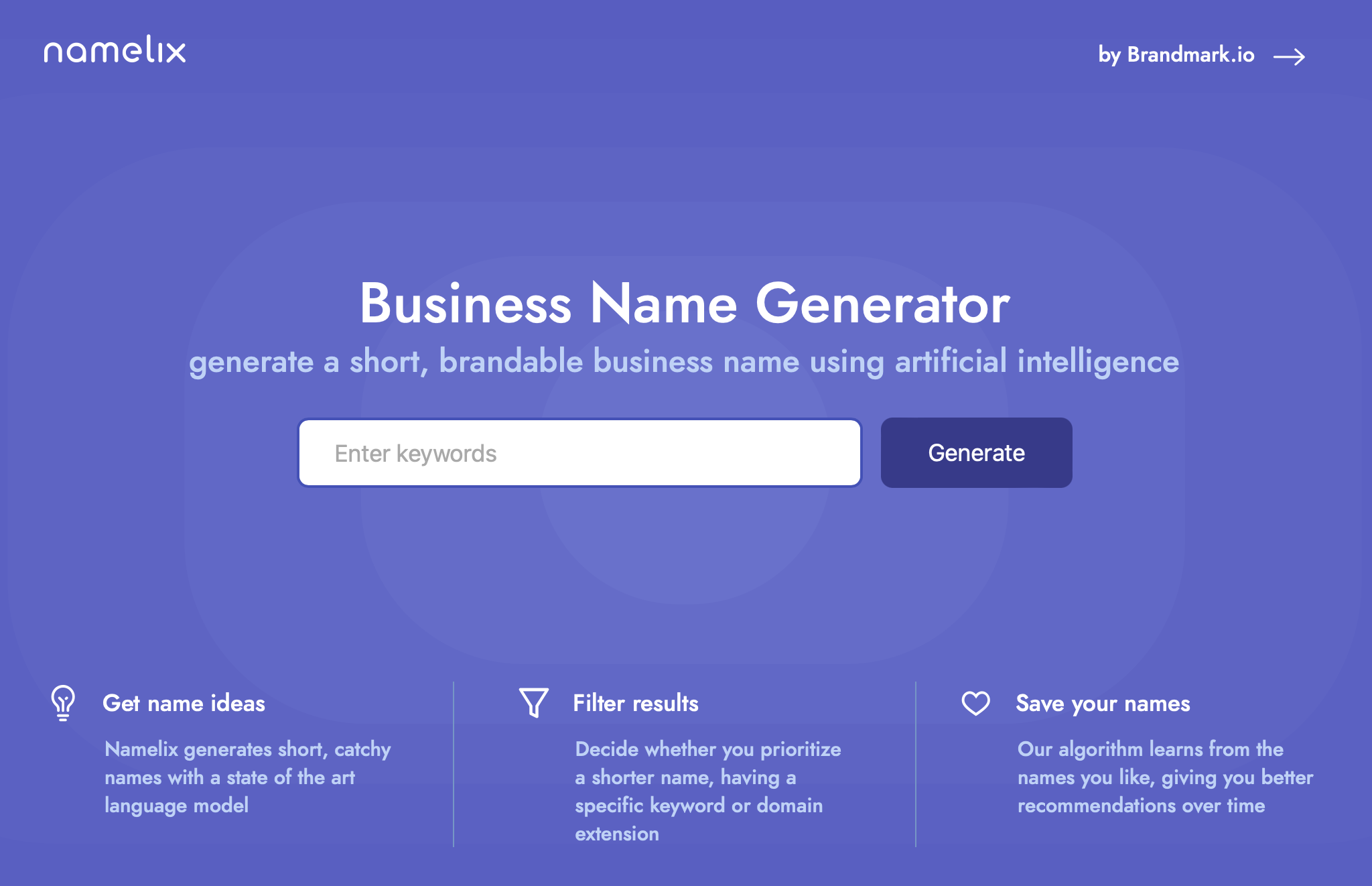 Screenshot der Startseite von Namelix mit dem Titel 'Business Name Generator', einem Suchfeld für Schlüsselwörter, und den Haupteigenschaften des Dienstes: 'Get name ideas', 'Filter results', und 'Save your names', präsentiert in einem sauberen Design mit blauem Hintergrund.