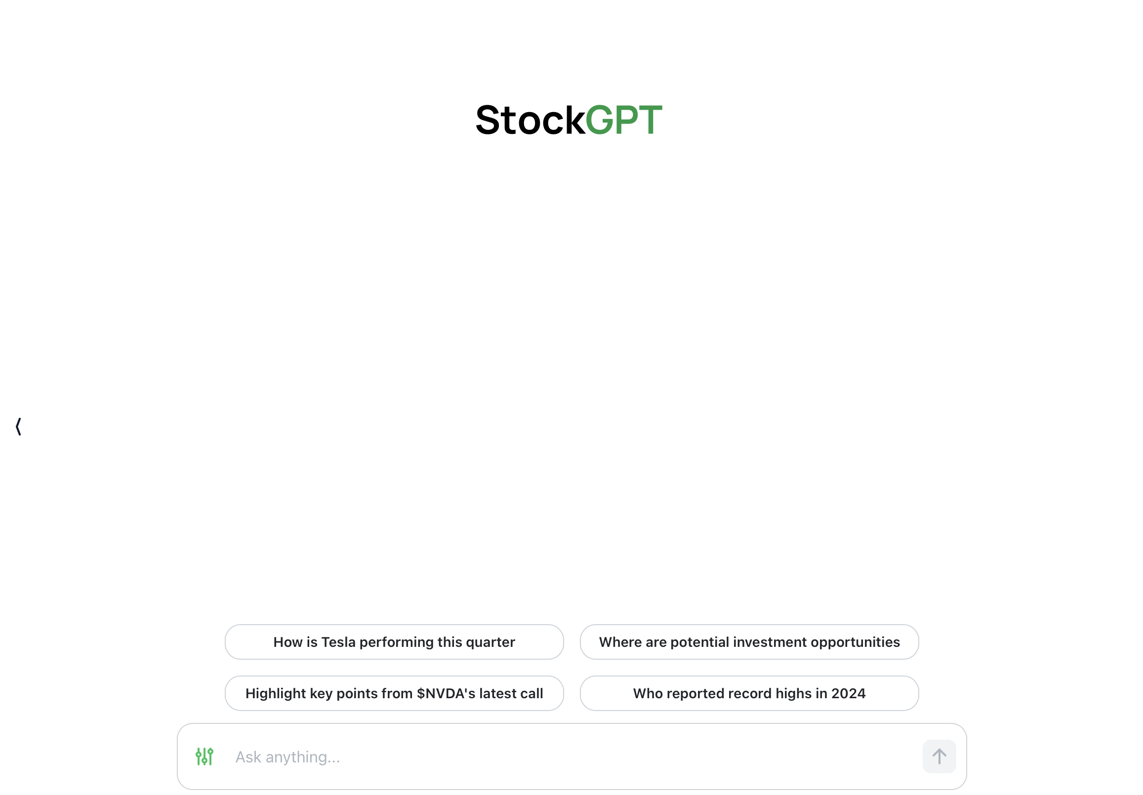 Screenshot der Startseite von StockGPT mit einem Suchfeld und Beispielanfragen wie 'How is Tesla performing this quarter', 'Highlight key points from $NVDA's latest call', 'Where are potential investment opportunities', und 'Who reported record highs in 2024'. Im Eingabefeld unten steht 'Ask anything...'.