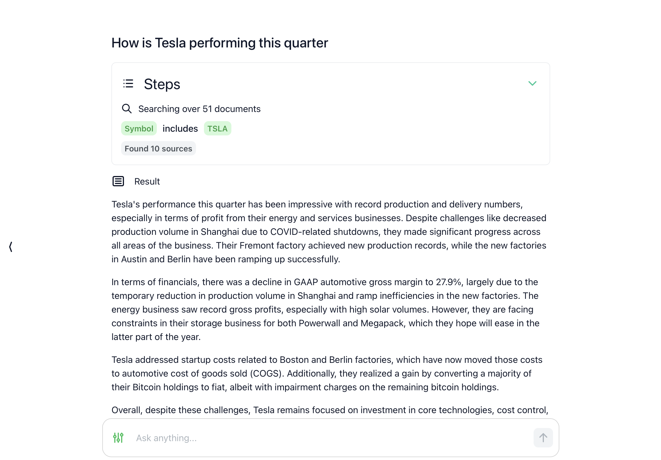 Ergebnisseite auf StockGPT mit einer Suchanfrage zu Teslas Leistung in diesem Quartal. Es zeigt den Suchfortschritt über 51 Dokumente mit dem Symbol TSLA, dabei wurden 10 Quellen gefunden. Der Ergebnistext fasst Teslas beeindruckende Produktions- und Lieferzahlen sowie finanzielle Herausforderungen zusammen.