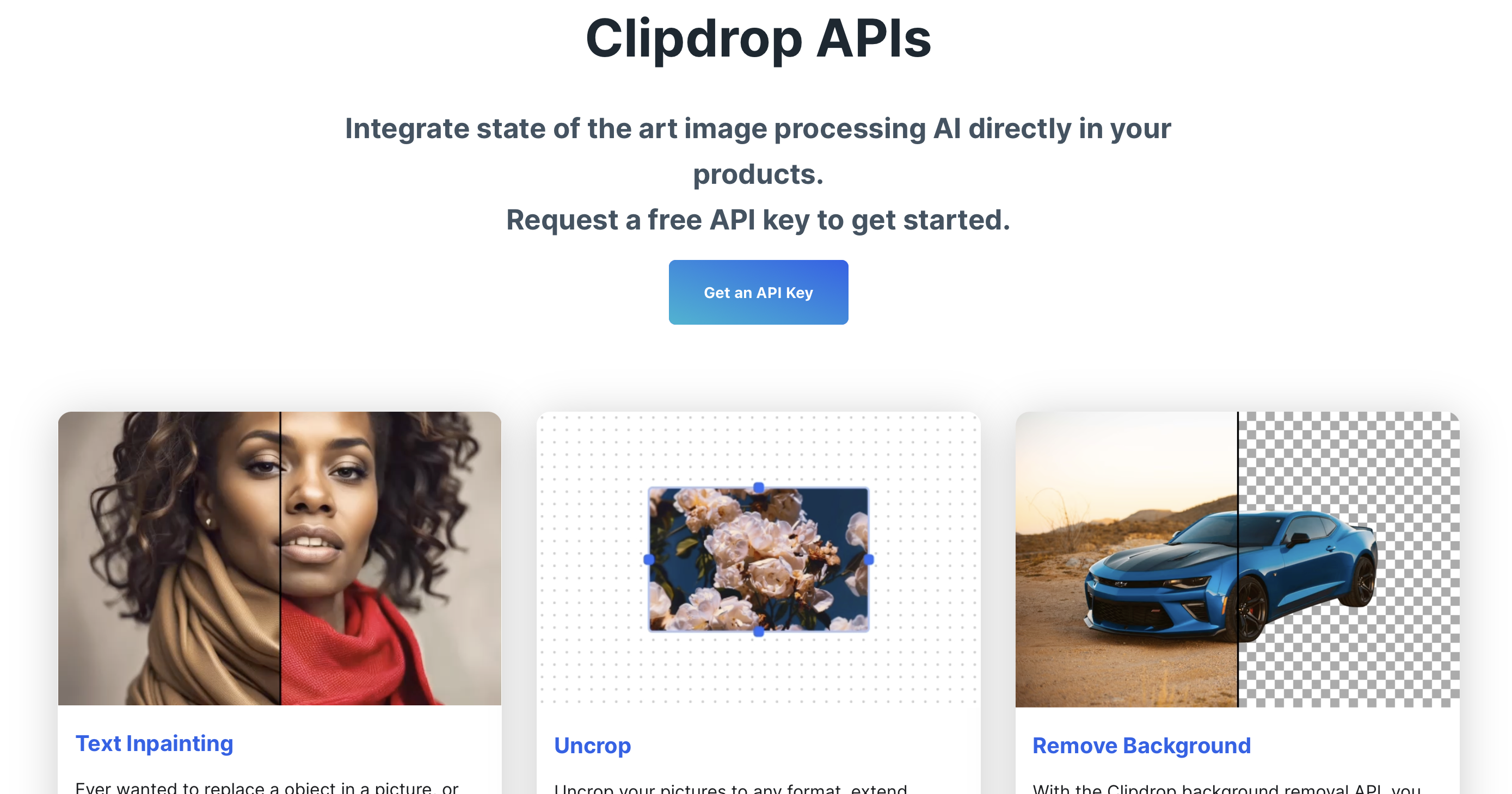 ClipDrop API-Seite mit Text Inpainting, Uncrop und Remove Background Features, umschlossen von Beispielfotos einer Frau, Blumen und einem Auto.