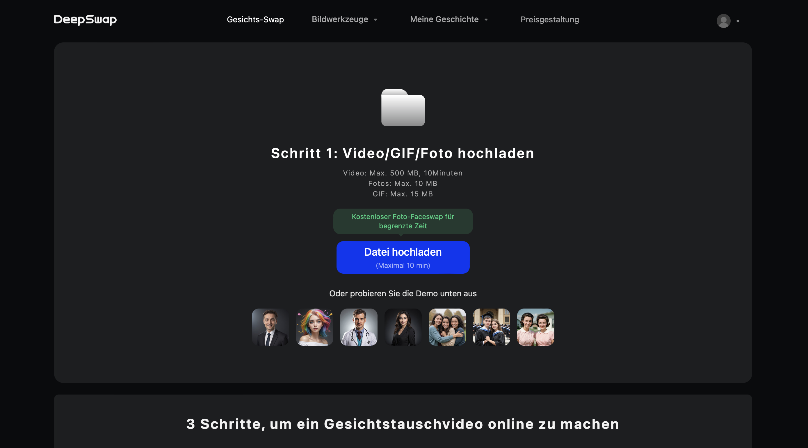 Anleitungsbildschirm auf DeepSwap AI zeigt Schritt 1 zum Hochladen von Video, GIF oder Foto für den Gesichtstausch.