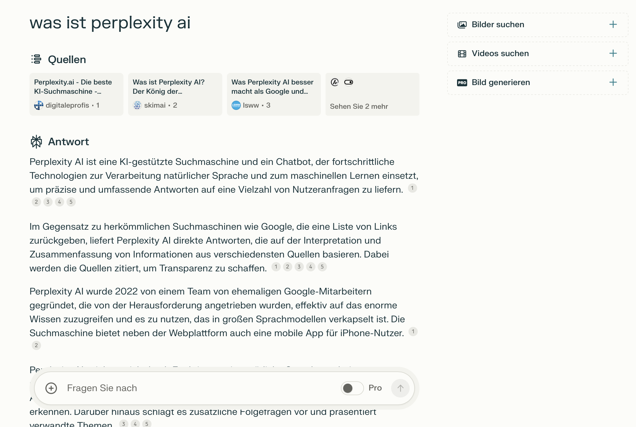 creenshot einer Suchmaschinenanfrage zu 'Was ist Perplexity AI', hervorhebend wie Perplexity AI mit fortschrittlicher KI-Technologie direkte Antworten statt Links bietet, um Nutzeranfragen präzise zu beantworten.