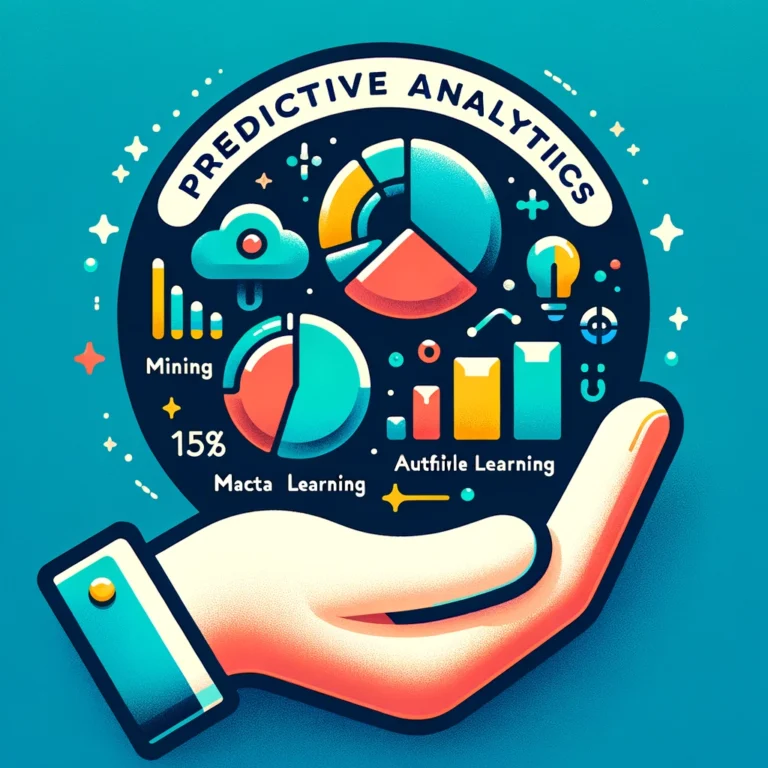 Thumbnail für Predictive Analytics Beitrag, zeigt eine Hand, die ein Kreisdiagramm mit Segmenten für Data Mining und Machine Learning sowie ein kleines Säulendiagramm für Wachstumstrends hält, umgeben von Symbolen für Analytik und Prognosen.