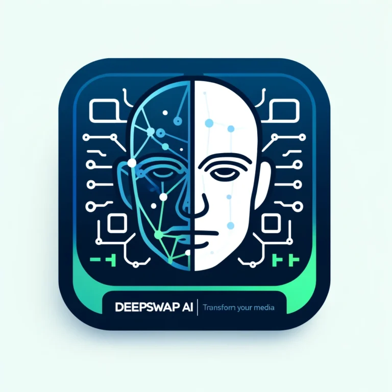 DeepSwap AI Logo mit stilisiertem Gesicht und digitalen Verbindungspunkten auf blauem Hintergrund, Text 'DeepSwap AI - Verwandle deine Medien'.