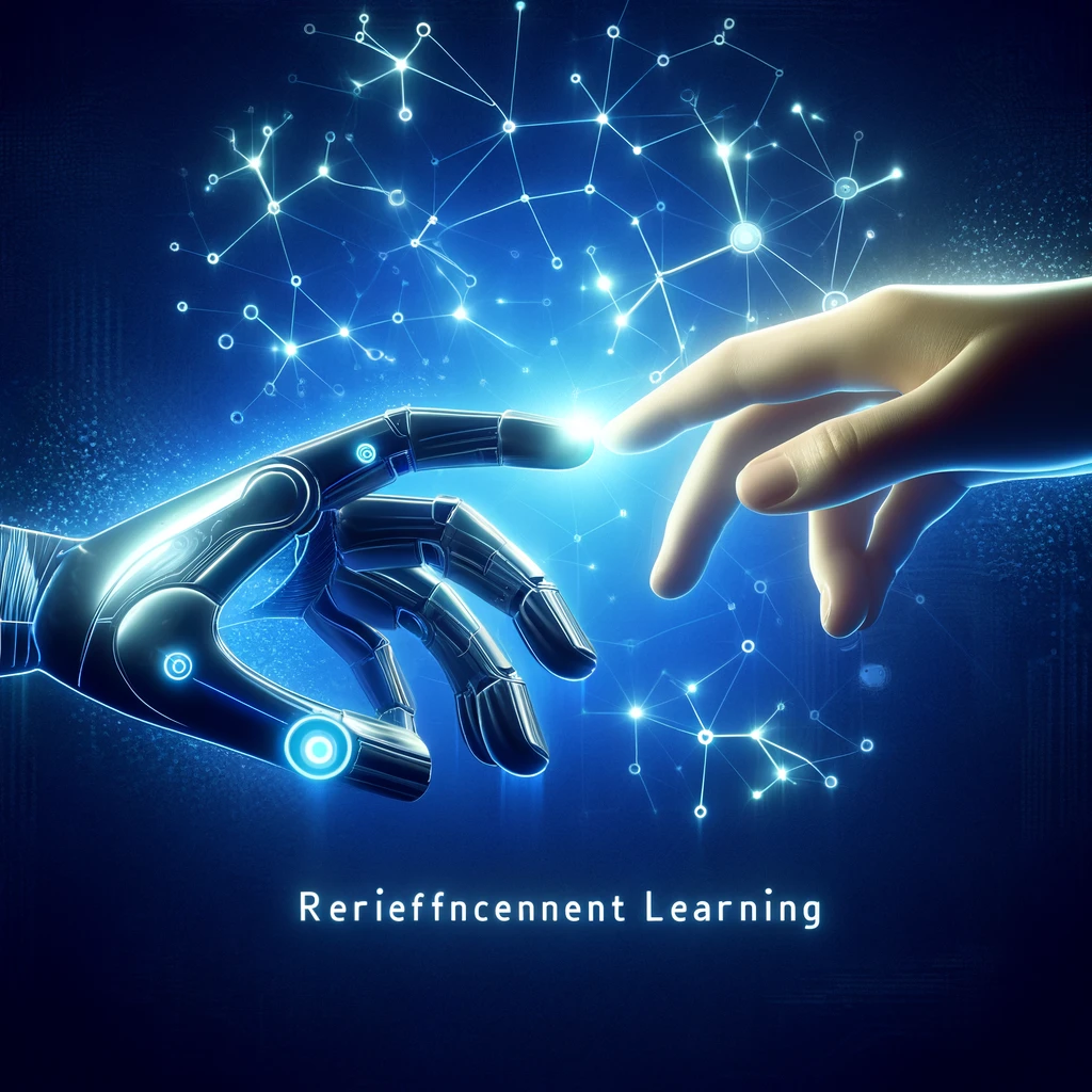 Eine digitale Illustration zeigt eine stilisierte Roboterhand, die sich einer menschlichen Hand nähert, umgeben von einem Netz digitaler Verbindungen, mit der Aufschrift 'Reinforcement Learning' am unteren Bildrand.