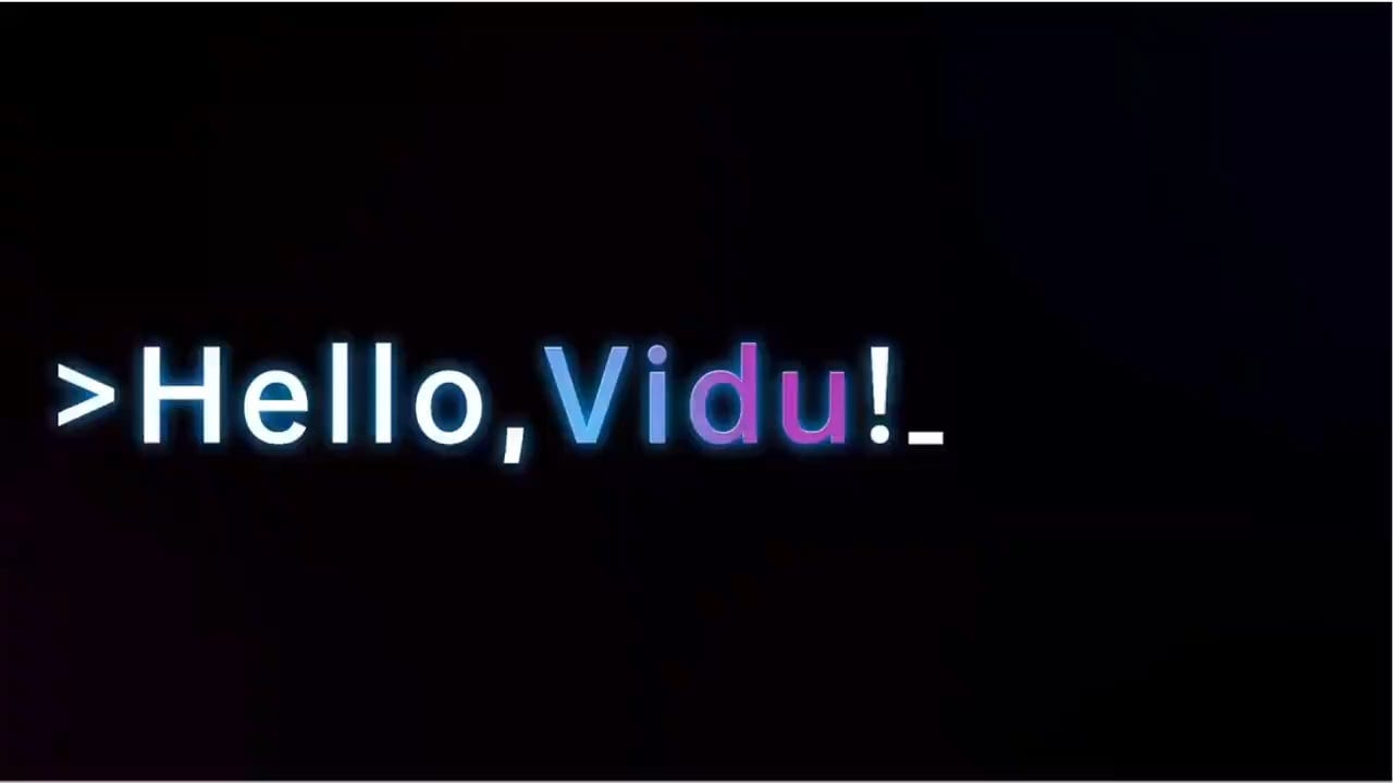 Begrüßungsbildschirm mit der Aufschrift 'Hello, Vidu!' in leuchtenden Neonfarben, stellt die innovative Schnittstelle der Vidu KI-Technologie dar.