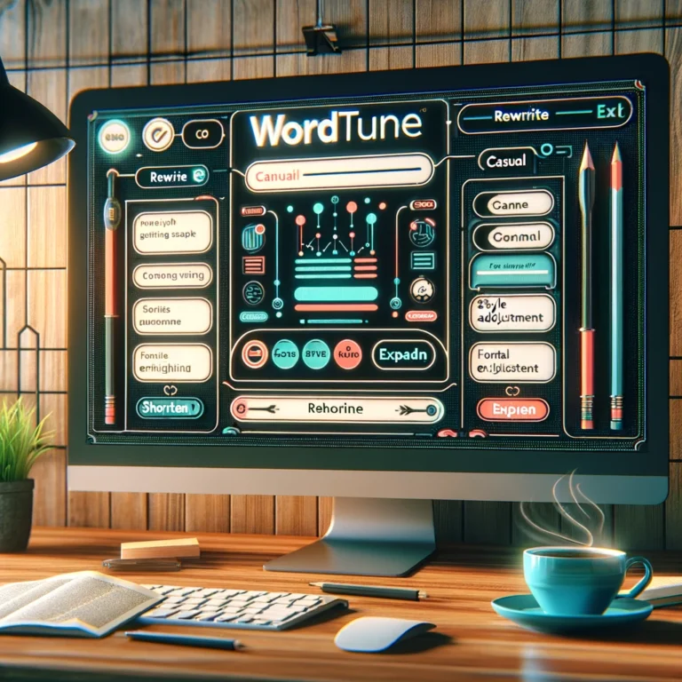 Künstlerische Darstellung der Wordtune-Oberfläche auf einem Computerbildschirm, mit Werkzeugen wie Umschreiben, Lässig, Formell, Kürzen und Erweitern in einer gemütlichen Arbeitsumgebung mit einer Kaffeetasse, die die KI-gestützte Textverbesserung für Autoren und Inhaltsproduzenten betont.