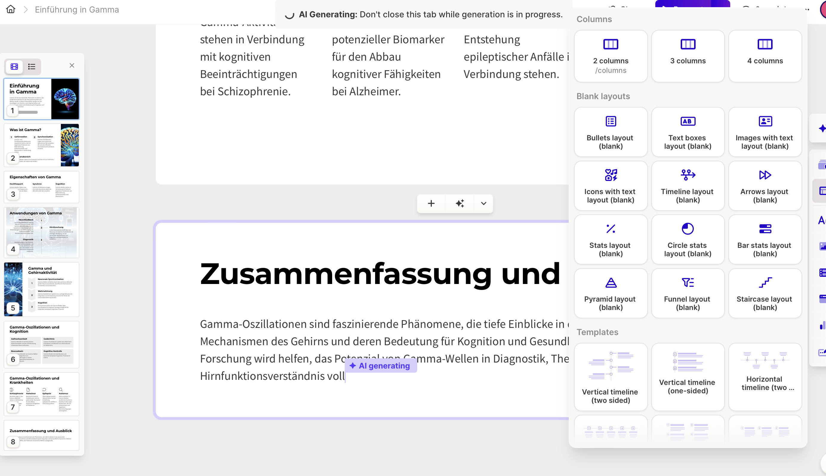 Screenshot der Benutzeroberfläche der Gamma App mit einer Vorschau auf anpassbare Präsentationsthemen, darunter Optionen wie Howlite, Onyx, Atmosphere und Blueberry, zeigt Textbearbeitung, Schaltflächen und Layoutauswahl zur Optimierung der Präsentationsgestaltung.