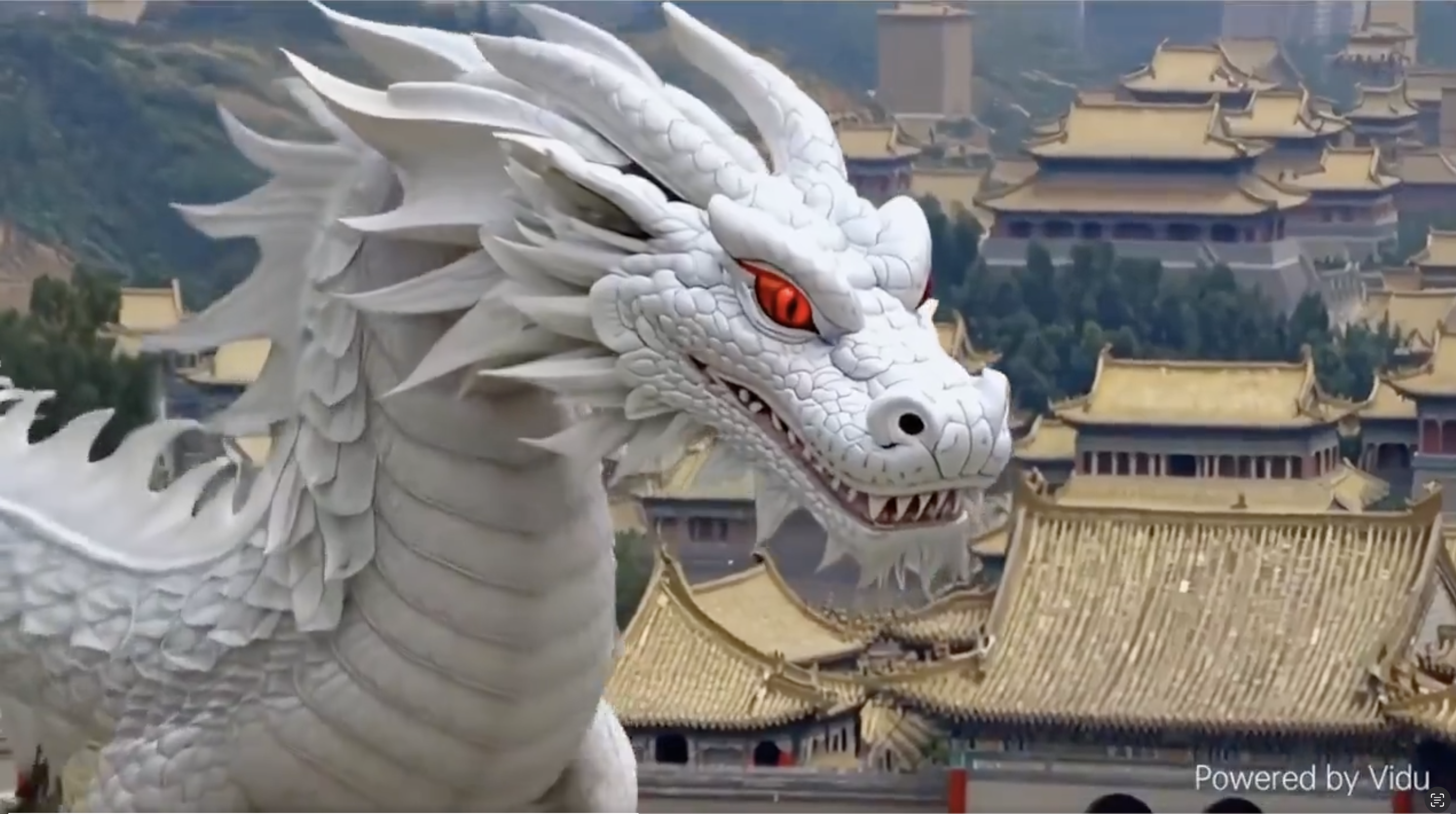 Animierter weißer Drache mit leuchtend roten Augen über dem Dach des historischen Zhongguancun, generiert durch die fortschrittliche KI-Technologie von Vidu, zeigt die kulturelle Integration und innovative Videoerstellung.