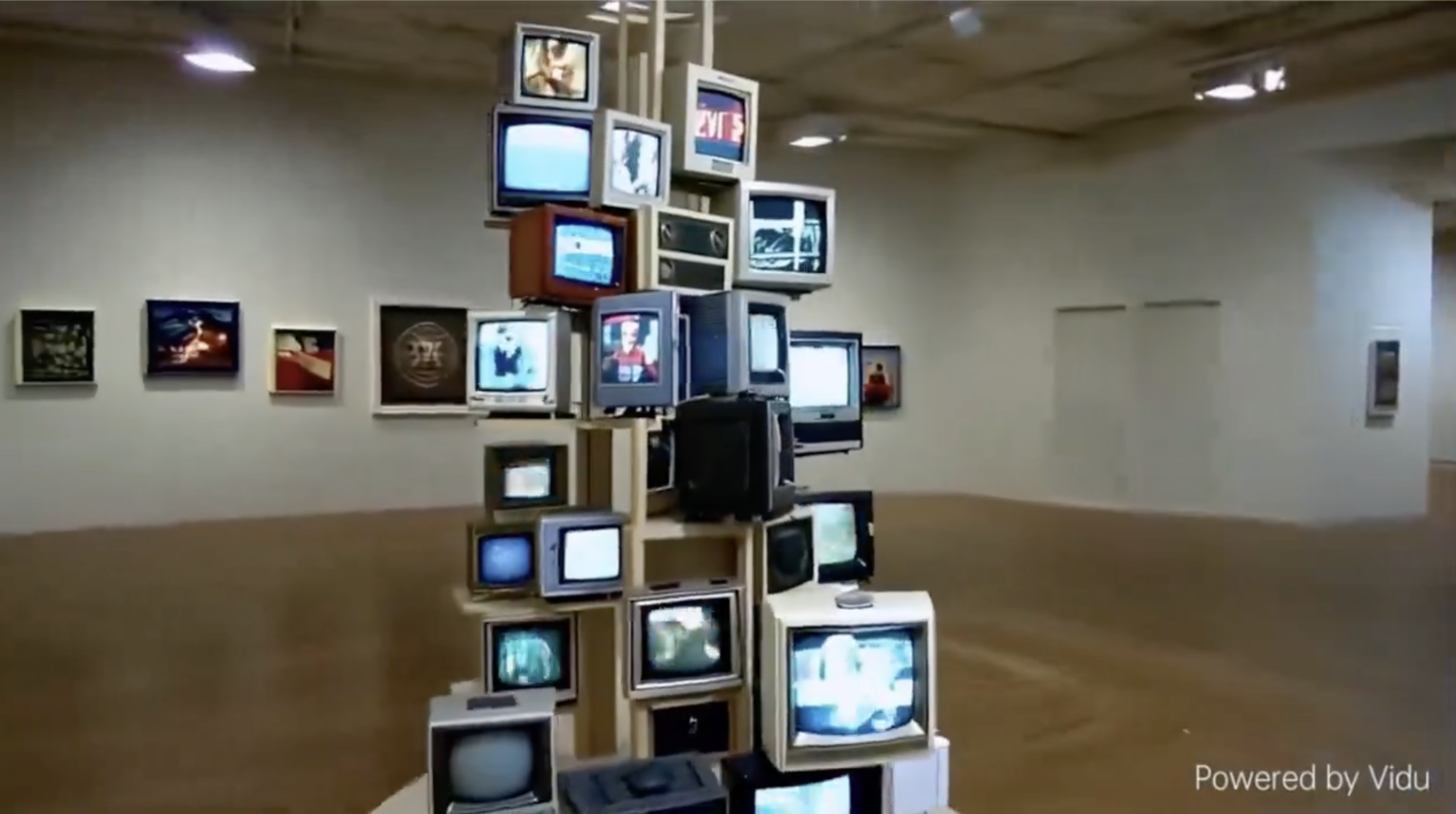 Kunstinstallation aus übereinandergestapelten Vintage-Fernsehern, die eine Vielzahl von Videoinhalten anzeigen, demonstriert durch Vidu generierte dynamische Medien, in einer modernen Kunstgalerie.