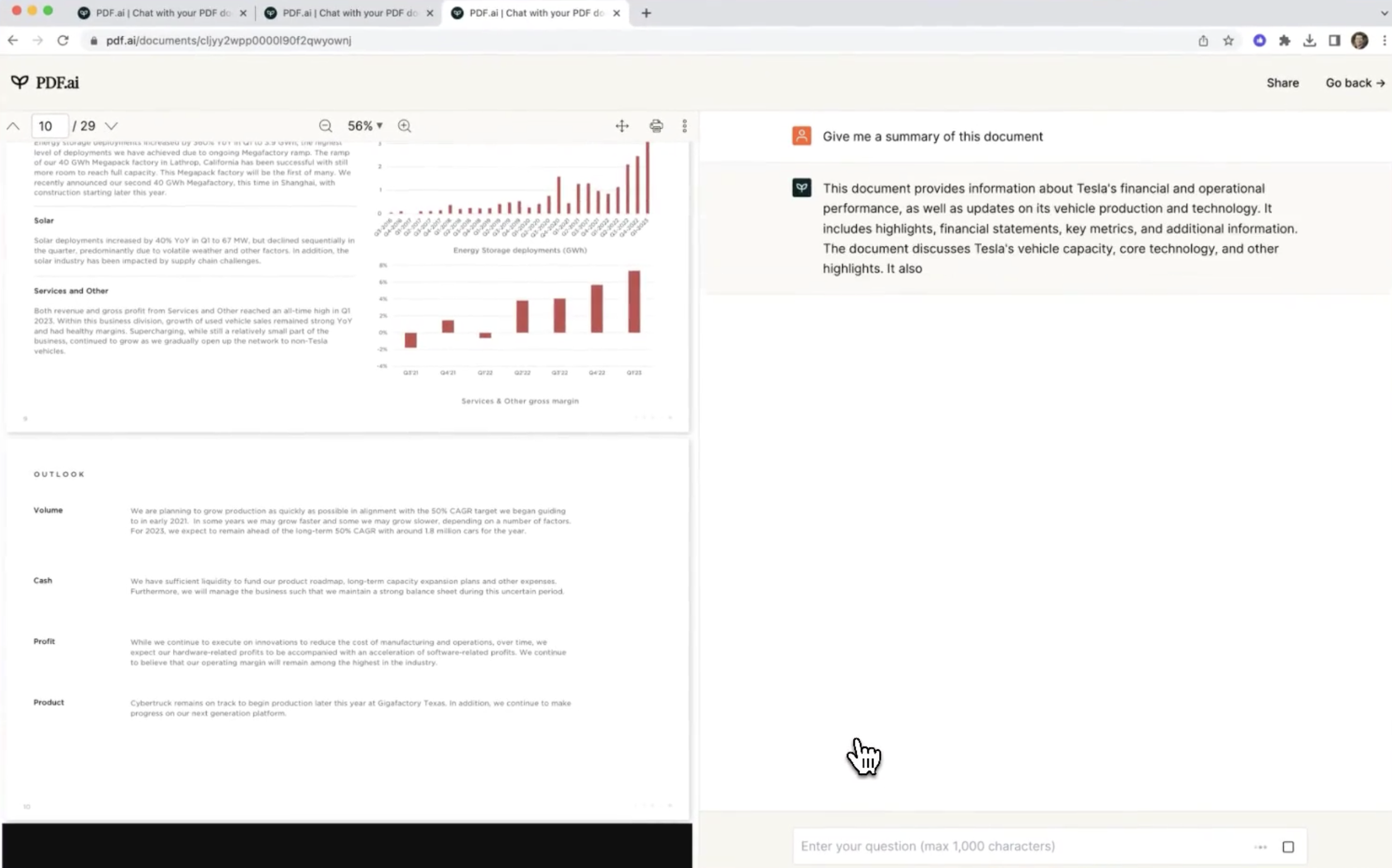 Interaktiver PDF AI-Bildschirm zeigt eine detaillierte Analyse von Teslas Q1 2024 Finanzbericht mit Diagrammen zu Energielagerungs-Bereitstellungen und Bruttomargen, ergänzt durch eine AI-gesteuerte Zusammenfassungsfunktion.