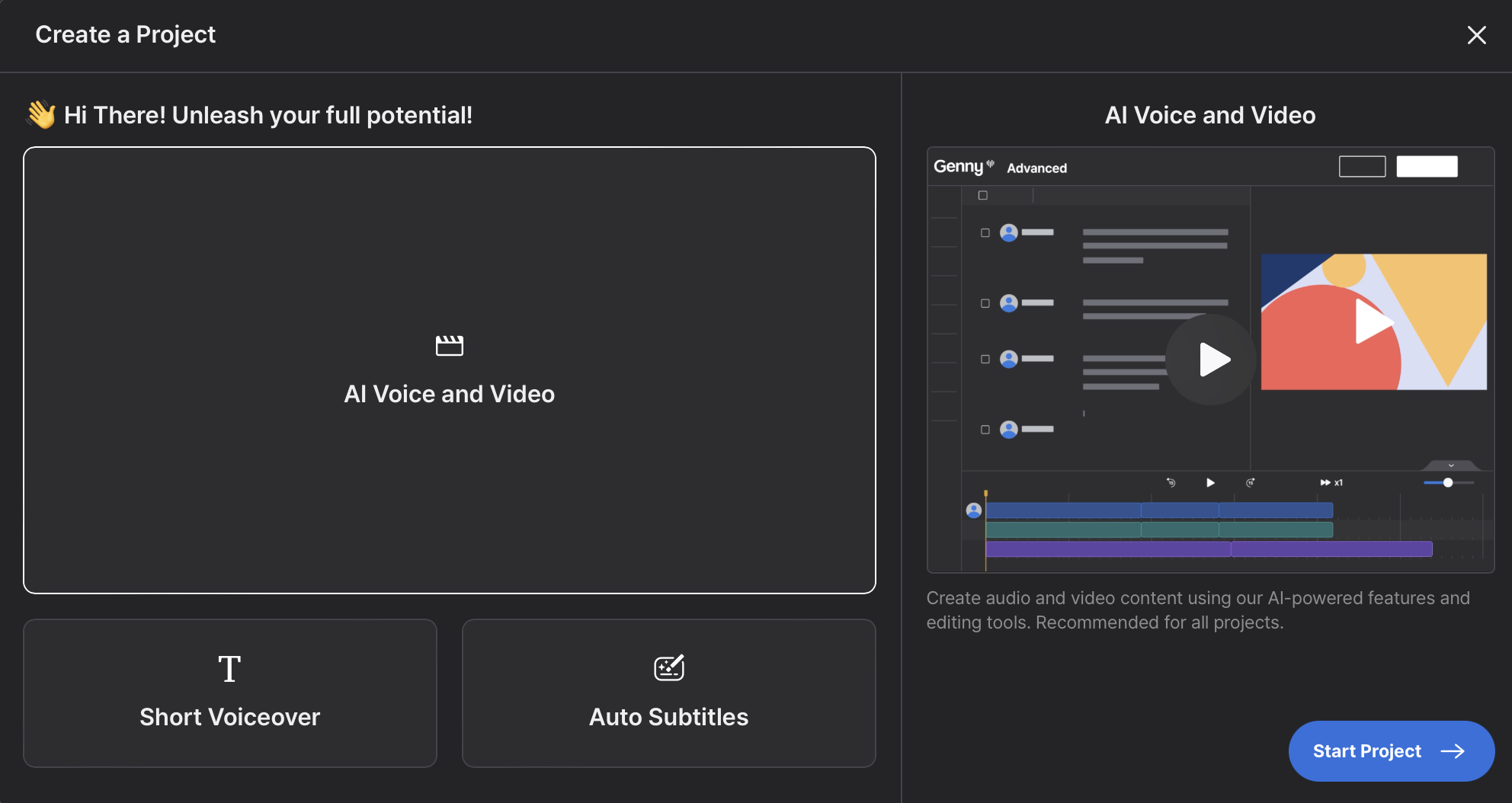 Lovo AI Benutzeroberfläche - Erstelle ein neues Projekt mit KI-Voiceover, automatischen Untertiteln und AI-Video-Editor. Perfekt für professionelle Audio- und Videoinhalte.