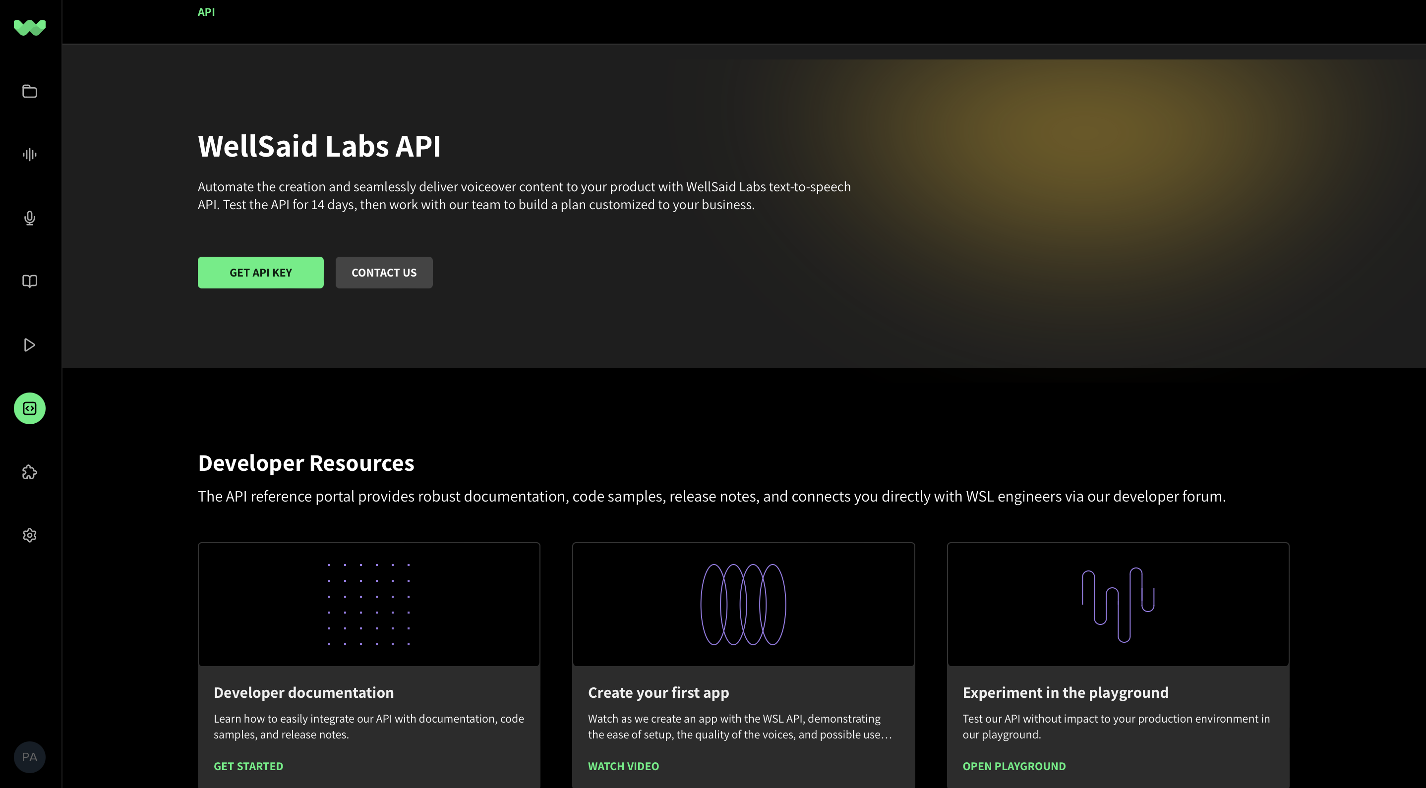 WellSaid Labs API Seite – Automatisiere die Erstellung von KI-Voiceovers, nahtlose Integration in Produkte, API-Dokumentation, Entwicklerressourcen und Testumgebung.