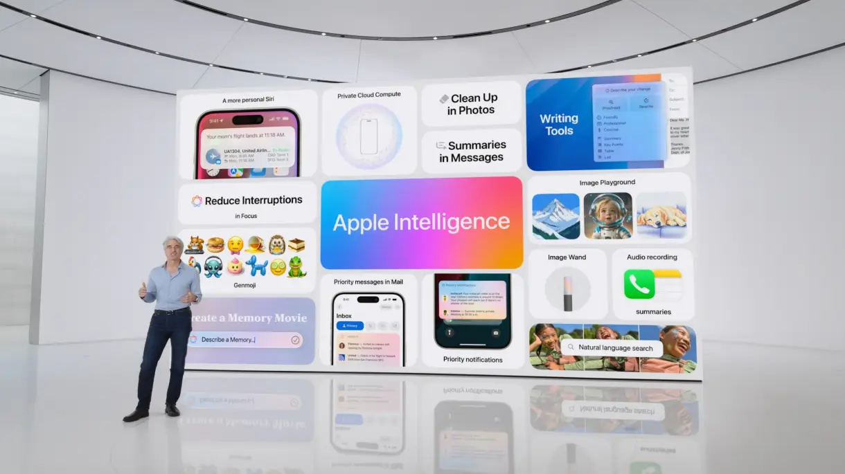 Apple präsentiert neue KI-Funktionen während der WWDC 2024, darunter ChatGPT-Integration und Apple Intelligence, die E-Mail-Zusammenfassungen, Bildbearbeitung und erweiterte Siri-Funktionen bietet.