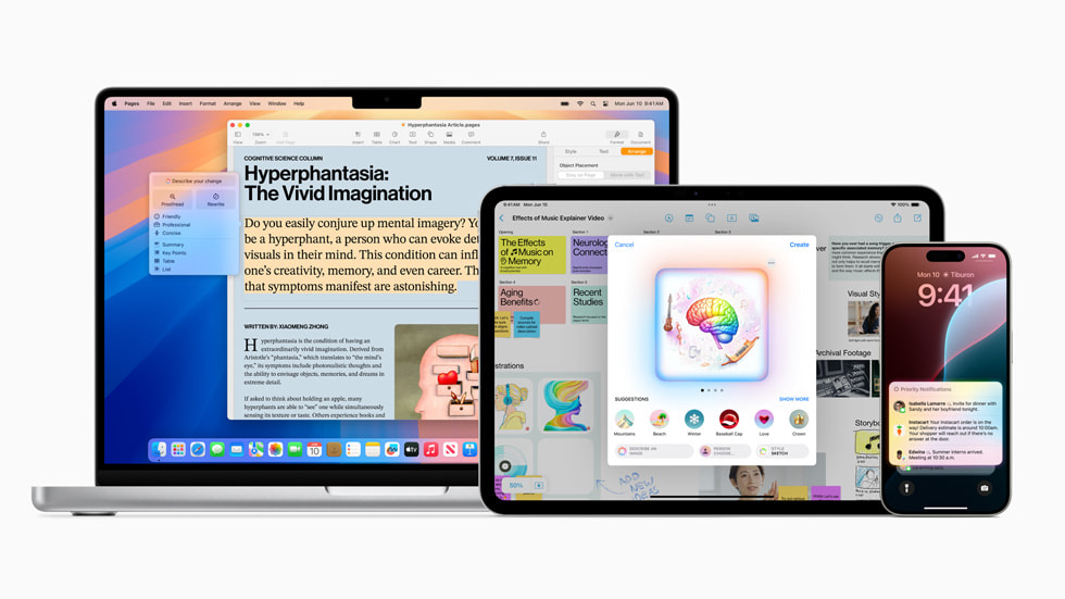 Apple-Geräte mit neuen KI-Funktionen präsentiert auf der WWDC 2024, inklusive ChatGPT-Integration und Apple Intelligence, die Textbearbeitung und personalisierte Benachrichtigungen verbessern.