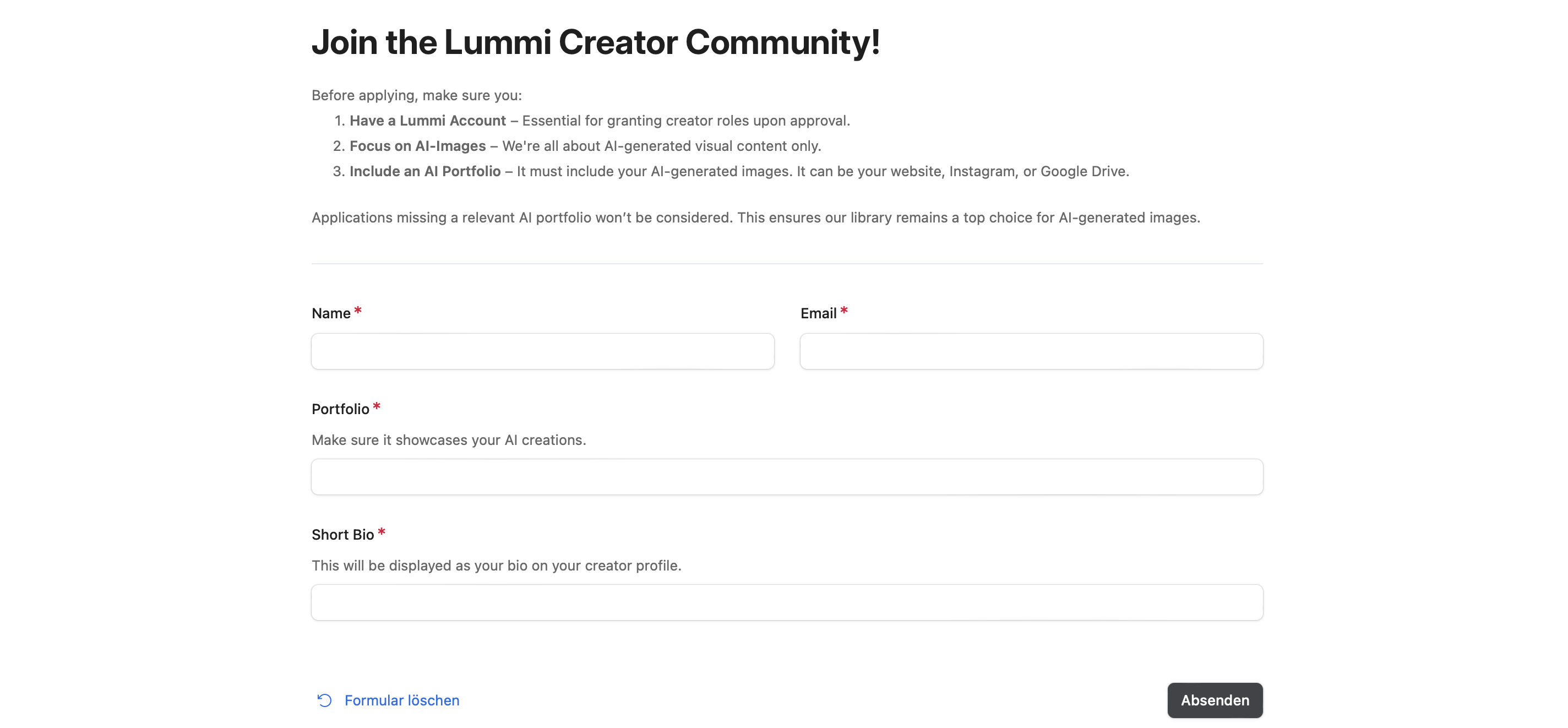 Lummi AI Community-Registrierungsseite für Kreative, die ihre KI-generierten Bilder teilen und Teil der Lummi Creator Community werden möchten.