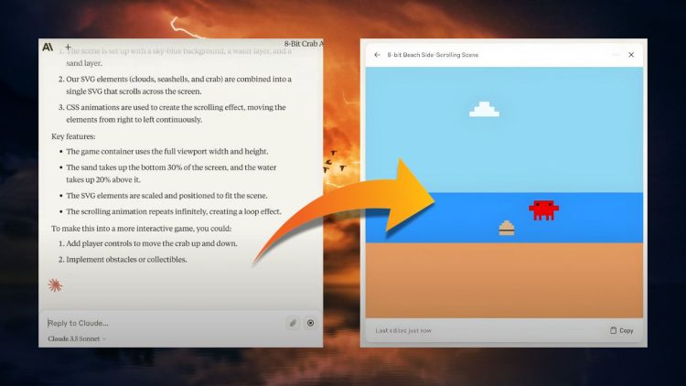 Claude 3.5 Sonnet Artifacts-Feature: Interaktive Umgebung zeigt eine 8-Bit-Krabbe und eine animierte Strand-Szene. Demonstration der neuen dynamischen Funktion für KI-generierte Inhalte.
