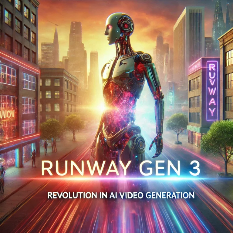 Runway Gen 3: Revolution in der KI-Videoerzeugung. Futuristische Szene mit humanoidem Roboter in einer urbanen Umgebung, die fortschrittliche KI-Technologie und dynamische Lichtverhältnisse zeigt.