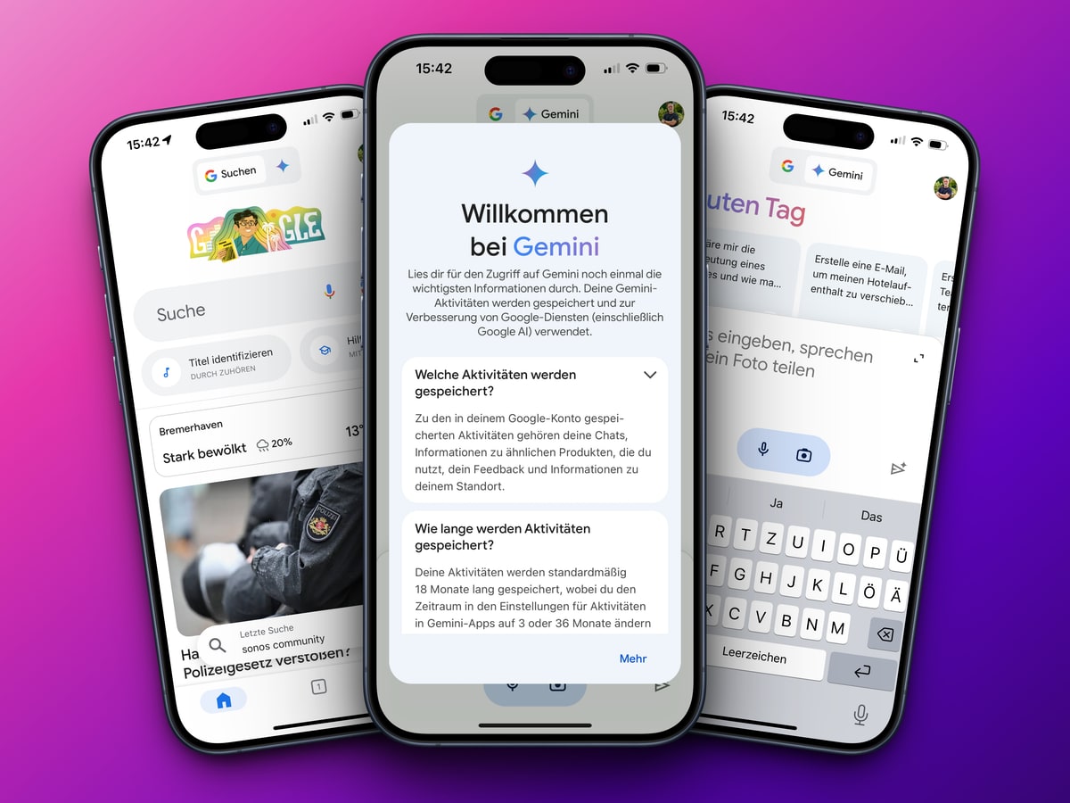 Screenshot des Google Gemini Chatbot auf drei iOS-Geräten. Zeigt die Suchfunktion, Datenschutzeinstellungen und Konversationsmöglichkeiten der KI. Google Gemini jetzt in Deutschland verfügbar für Android und iOS.