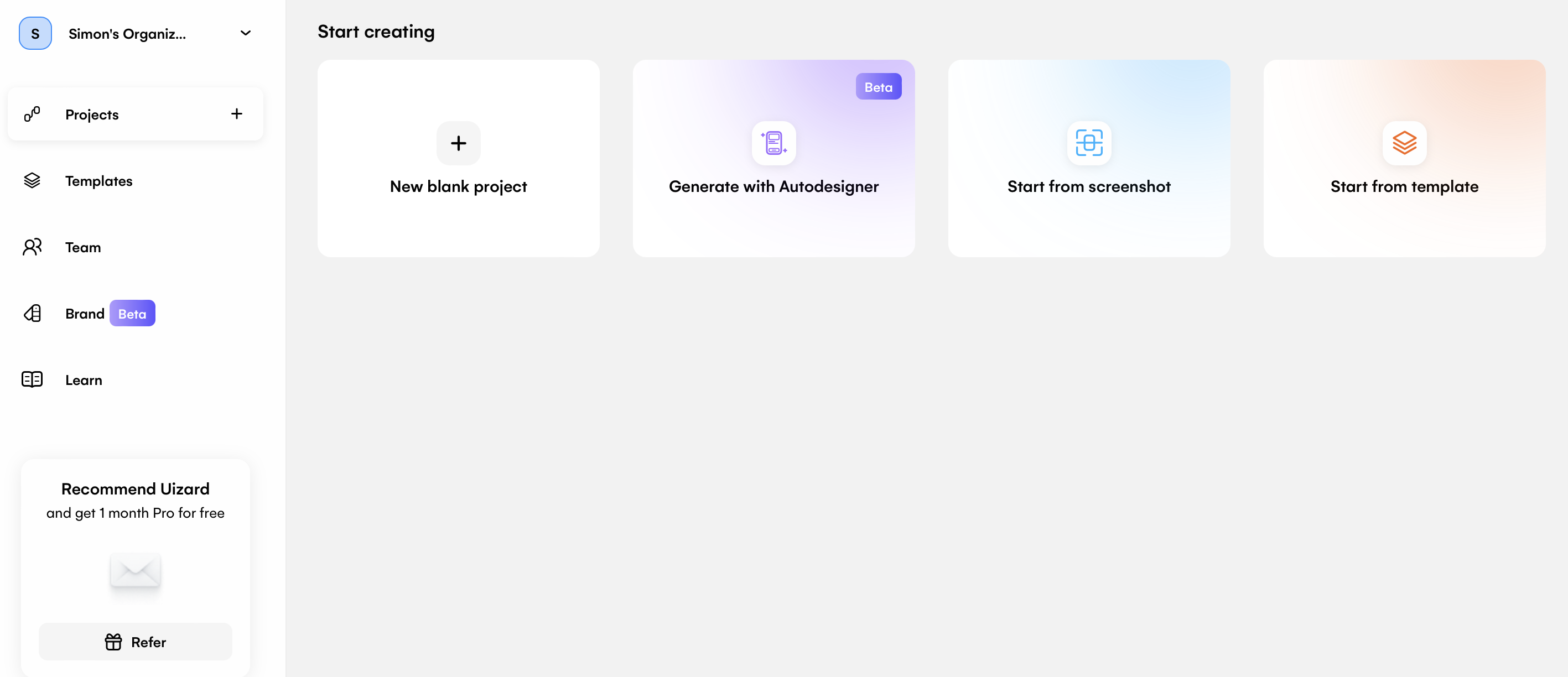 Uizard Benutzeroberfläche mit Optionen für neues Projekt, Autodesigner, Screenshot-Scanner und Vorlage starten. AI-Design-Tool für schnelle Mockups und Prototypen.