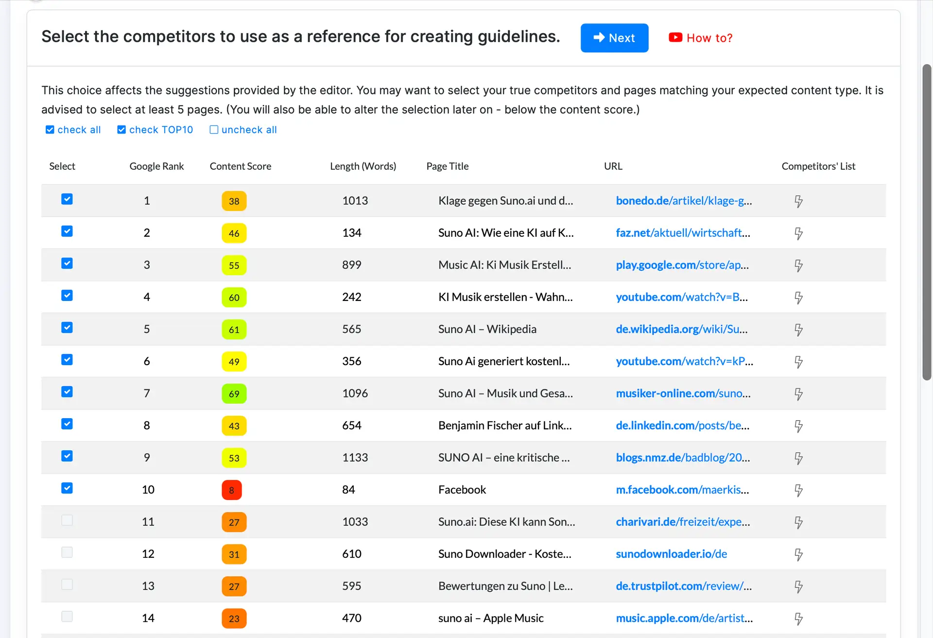 NeuronWriter Auswahl der Wettbewerber zur Analyse und Erstellung von SEO-Richtlinien für Keyword-Optimierung und Content-Erstellung.