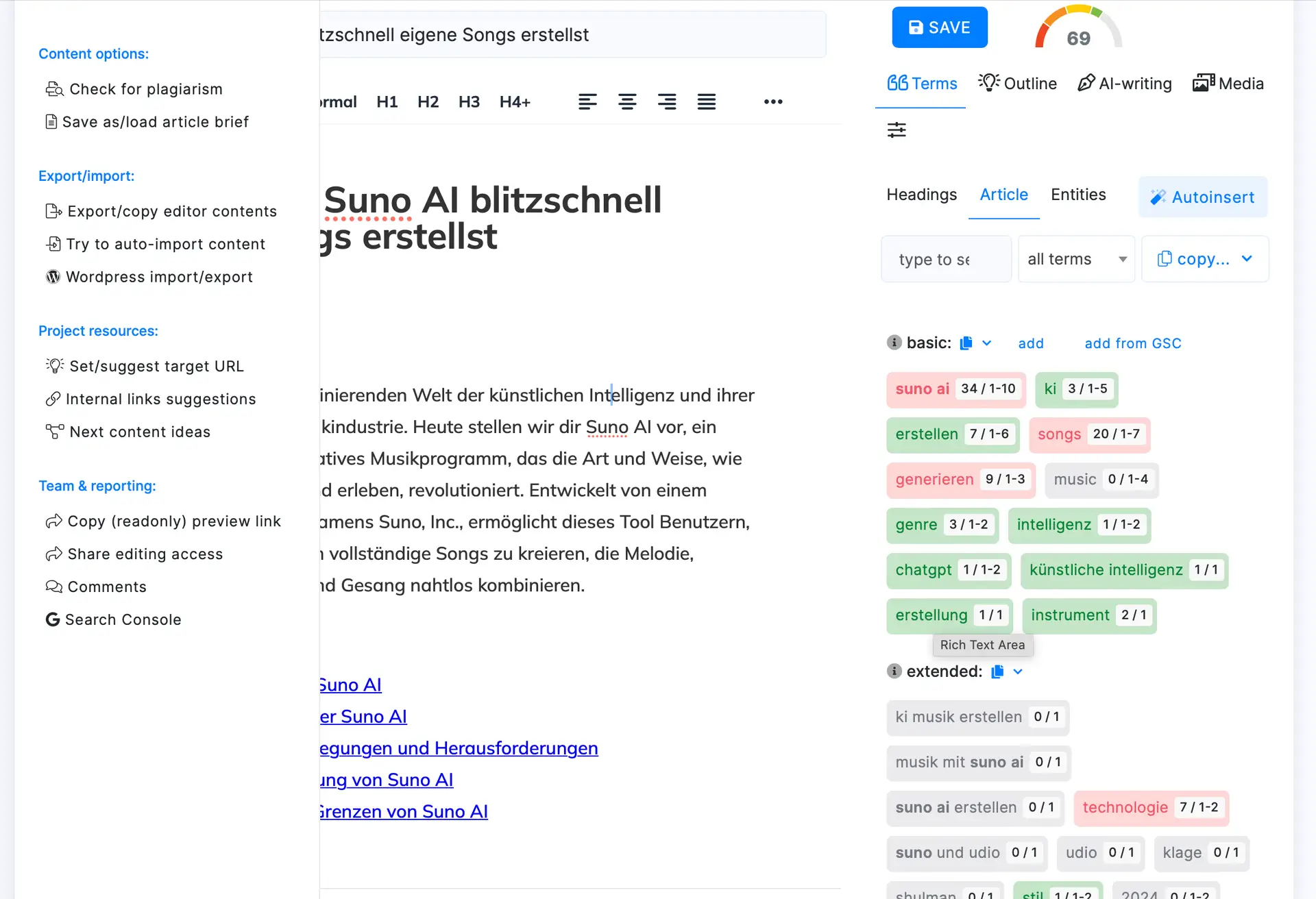 NeuronWriter Content Editor mit SEO-Optimierungstools und AI-gestützter Texterstellung zur Verbesserung von Rankings und Content-Qualität.