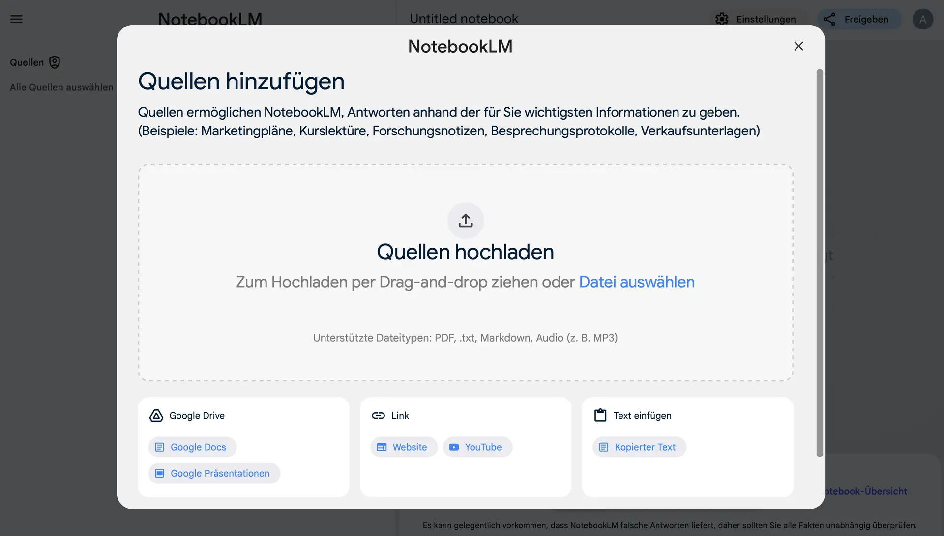 Mit dem digitalen Wissensmanagement von NotebookLM kann der Benutzer seine eigenen Quellen hochladen.