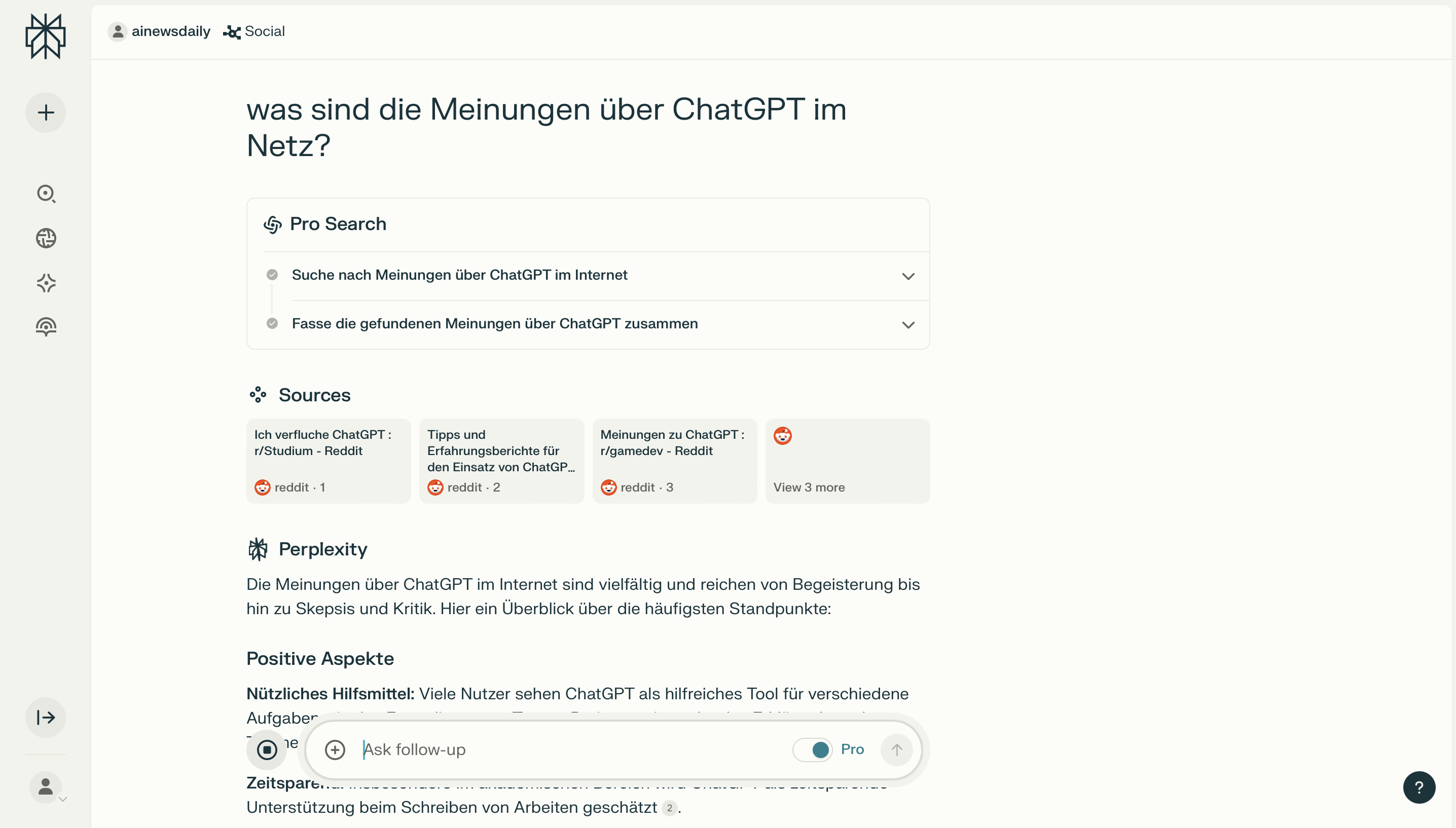 Mit Perplexity Focus kann man ganz einfach nach verschiedenen Meinungen in den sozialen Medien recherchieren.