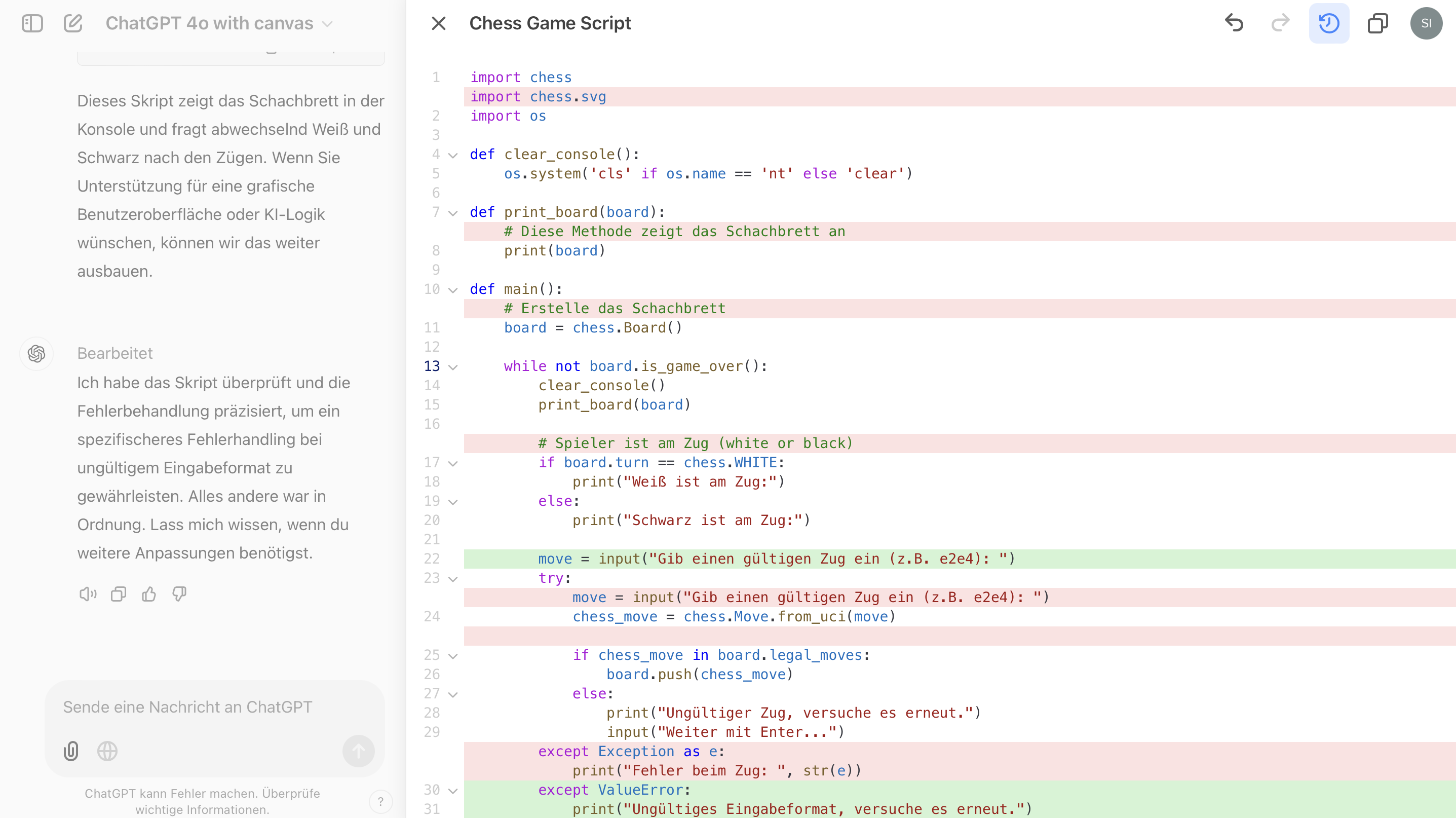 ChatGPT Canvas mit KI dabei, zu programmieren.